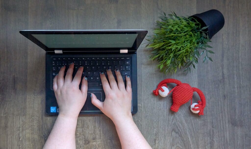 A pair of hands rests on a black laptop. A red crocheted uterus is next to the laptop and a potted plant on it's side.