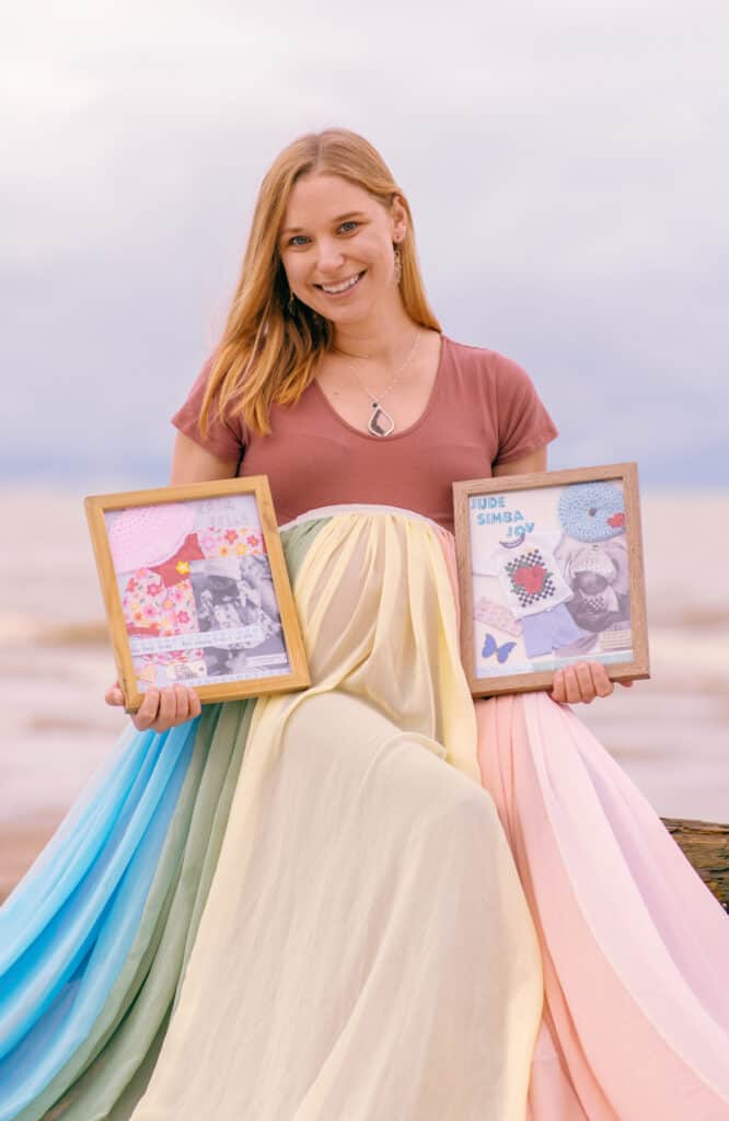 Carmen wears the rainbow skirt. She holds two framed photos that contain pictures of her babies.